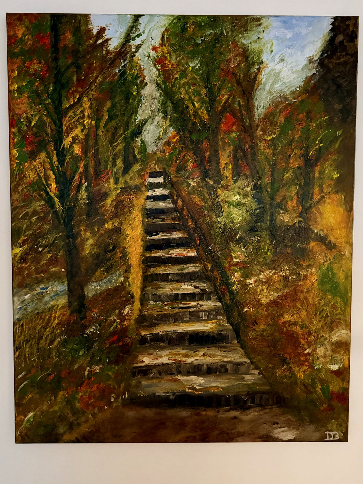 Trappen gennem skoven – originalt oliemaleri